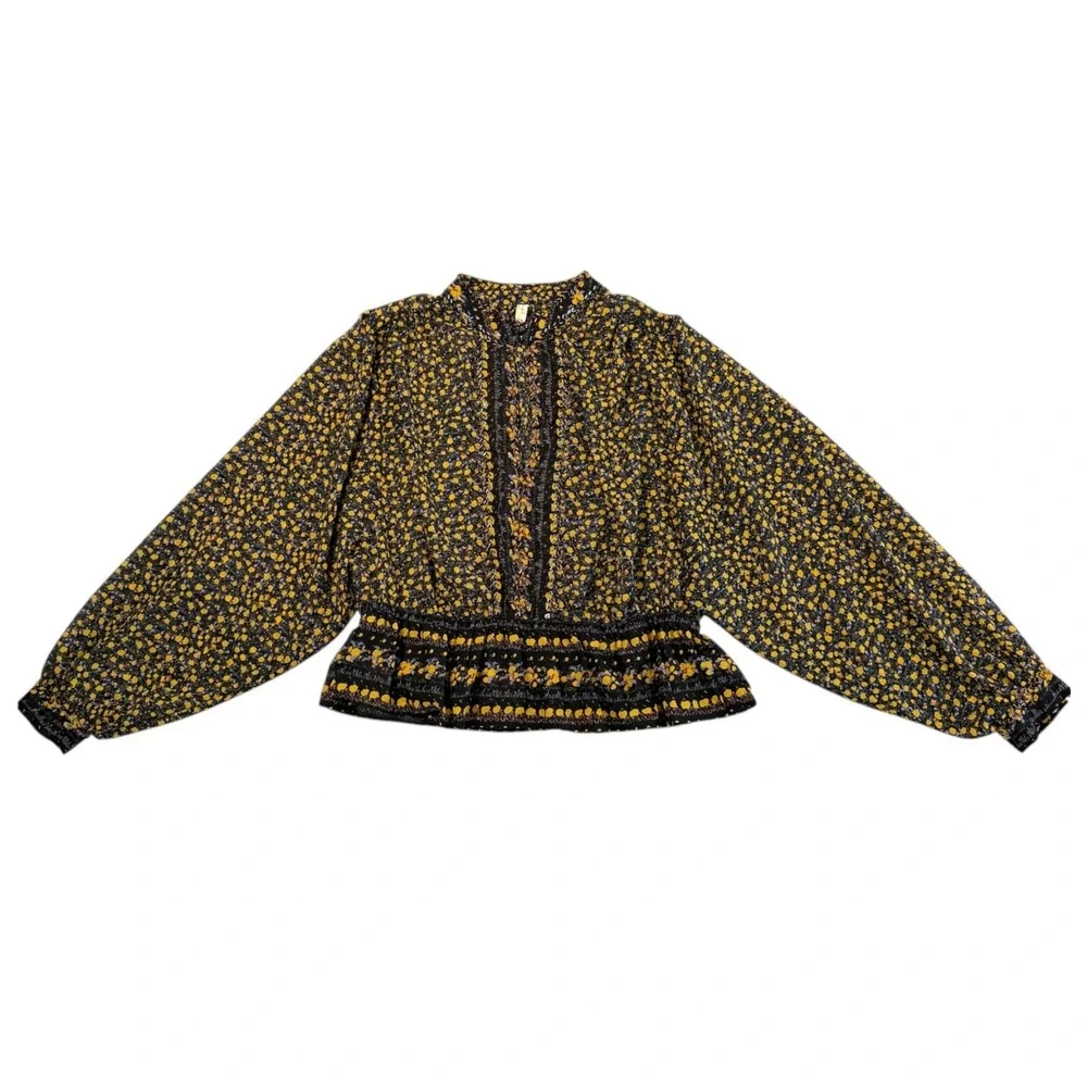 Free People Womens Sheer Floral Beaded Peplum Top Sz M Black Yellow Boho Cottage